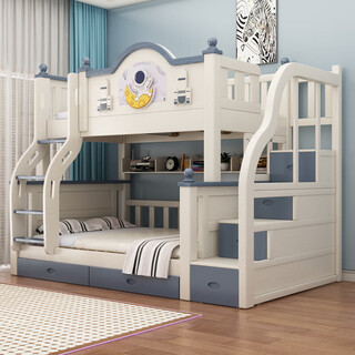 Solid wood thickened bunk bed, half-height bed, children's double bed, household multi-functional high and low bed dormitory bunk bed, ladder, upper bed width 90, lower bed width 120 (comes with bookshelf)