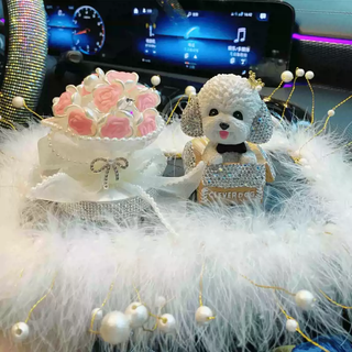 Yusenyi creative cute diamond-encrusted bobblehead puppy car perfume ornaments center console car interior decoration supplies car a diamond-encrusted puppy wedding dress rose pink pearl plush