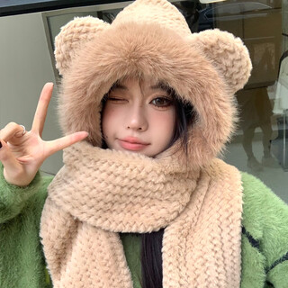 Memaru bear plush hat scarf all-in-one women's winter cute autumn and winter three-piece set winter warm 2025 new khaki color