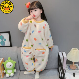 G.duckkids girls' flannel one-piece baby pajamas autumn and winter plus velvet thickened children's coral warm baby home clothes sleeping bag sweet honey 110