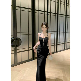 Acjk french beautiful birthday dress high-end temperament light luxury socialite daughter lace halter neck suspender dress women autumn black s