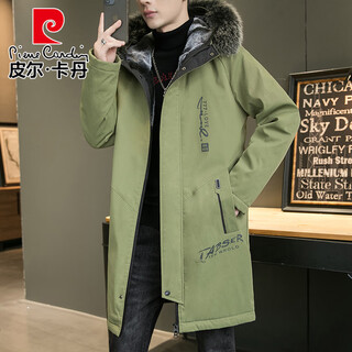 Pierre cardin parka men's velvet windbreaker jacket winter thickened warm mid-length coat trendy student cotton coat cotton jacket 917 military green xl