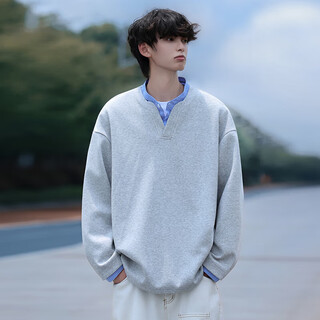 Monpoc striped splicing fake two-piece sweatshirt men's spring and autumn american loose long-sleeved t-shirt top mow02 hemp gray l