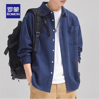 Romon brushed long-sleeved shirt men's autumn and winter 2025 new trendy brand loose cotton shirt cotton casual jacket for men navy blue xl