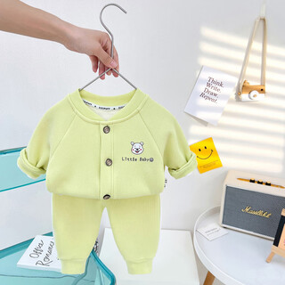 婴儿加绒套装男女宝宝秋冬季加厚外穿开衫两件套小童保暖衣服 果绿色_米呢加绒套装 80 cm