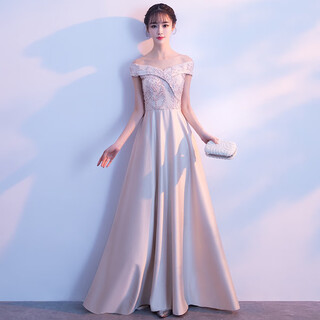 Mu nanfei banquet evening dress, dignified one-shoulder length, slimming etiquette catwalk show bridesmaid dress performance dress rental, lotus color s