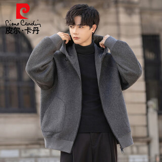Pierre cardin men's hooded casual double-sided wool jacket thick wool coat loose, handsome and trendy wool jacket short carbon gray xl
