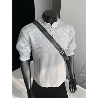 Jingsa american trendy bottoming sweatshirt for men in autumn, loose and simple polo henley shirt, versatile casual long-sleeved inner t-shirt, light gray xl
