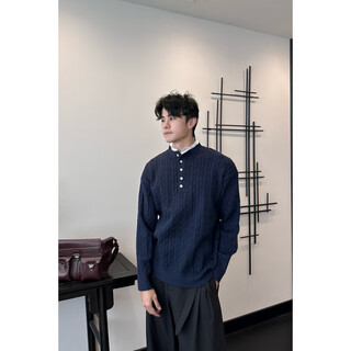 Fashionable formula lazy style american vintage henry collar sweater men's loose versatile casual sweater trendy navy s