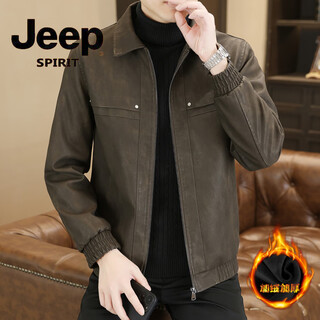 Jeep winter new velvet leather jacket men's lapel casual retro thickened warm winter leather jacket cotton coat trendy coffee velvet thickened m 90-110jin jin equals 0.5 kg