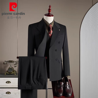 Pierre cardin high-end men's wool suit suit engagement dress groom wedding business black suit professional formal three-piece suit double-breasted black (suit + vest + trousers) 3xl 56