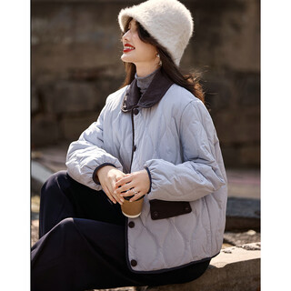 Shangjing xiaoxiangfeng contrast color lapel warm jacket women 2025 winter new thick diamond versatile short top women blue m