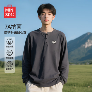 Miniso long-sleeved t-shirt for men in autumn heavy henley collar with t-shirt trendy brand handsome style simple bottoming shirt dark gray m