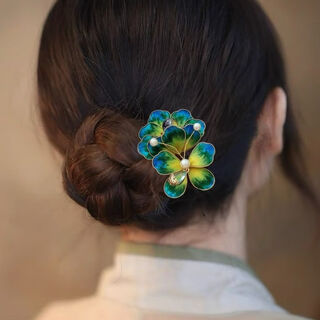 Meng junchen chinese intangible velvet flower hairpin hanfu new chinese style handmade headwear imitation dot emerald hairpin cheongsam flower antique style hair accessory peacock blue hairpin