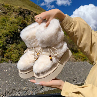 毛毛短靴厚底雪地靴女2025冬季新款月亮靴大码保暖棉鞋时尚滑雪鞋 米白 34 34