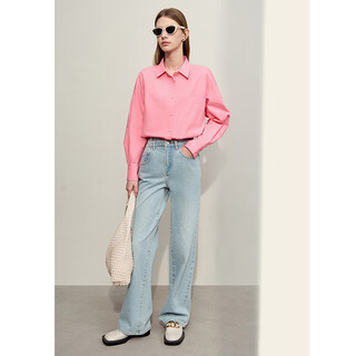 AMII女装2025秋季新款通勤翻领布标装饰宽松中长白衬衫女全棉 粉色 L (165)