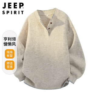 Jeep spirit jeep american style lazy style sweater men's autumn and winter henley collar casual sweater jacket oatmeal gray xl