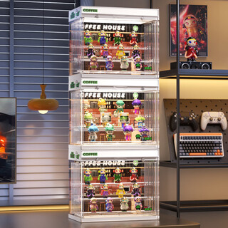 Kaman blind box storage display stand suitable for bubble mart display box figure container transparent dust-proof display cabinet with light, fashionable white with light/three layers 3 pcs