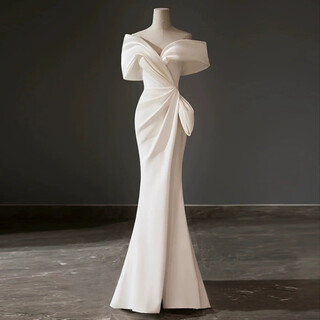 Acjk one-shoulder white evening dress 2025 new french light luxury niche high-end engagement fishtail skirt autumn beige m