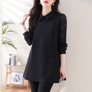 Zhufan long shirt for women to cover the buttocks with shark pants plus size women's fashionable belly-covering lace long sleeves for spring and autumn fat girls black l 90/100jin jin is equal to 0.5 kg