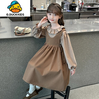 G.duck girls' dress autumn suit western style children's princess dress spring and autumn big children's suspender skirt two-piece set mg-flower collar suspender skirt suit-coffee color 150 recommended height 140cm