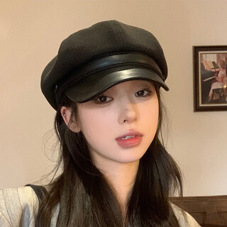 Duokeyu beret hat women's octagonal hat newsboy hat fashionable style big head circumference 2025 new autumn and winter high-looking woolen leather retro beret black