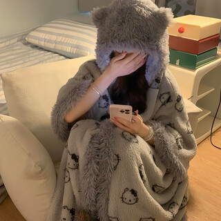 Yu zhaolin pajamas suit girls plus velvet thickened pajamas women coral velvet gray kt winter new soft girl home clothes cloak