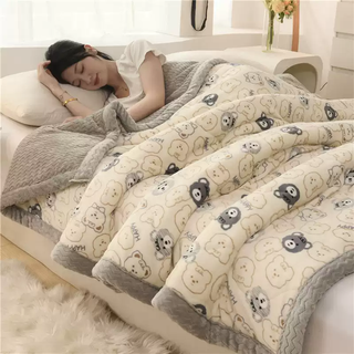 Rsrddy japanese unprinted mujie blanket thickened winter milk velvet warm coral flannel three-layer blanket sofa baby bear - gray three-layer composite spreadable and coverable 180cmx200cm large single blanket skin-friendly antibacterial and anti-mite