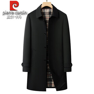 Pierre cardin pure cotton mid-length windbreaker men's 2025 spring and autumn business casual 100% cotton coat middle-aged dad lapel coat black 2xl 185 160-175jin jin equals 0.5 kg