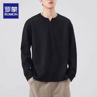Romon henry collar black men's long-sleeved t-shirt 2025 new top spring and autumn sweatshirt men's inner layering shirt men's black xl