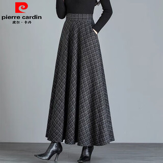 Pierre cardin woolen skirt for women with pockets for autumn and winter 2025 new high-waisted ethnic skirt with large swing, high-waisted, mid-length floral skirt, gray and black plaid - with pockets, skirt length 85 cm xl recommended 125-140 jin jin equals 0.5 kg, skirt length 85 cm