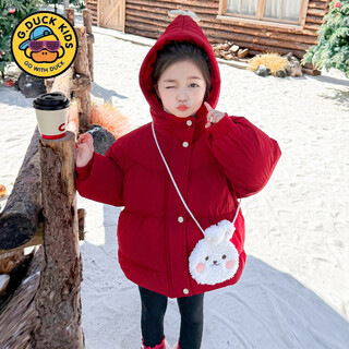 G.duck girls' cotton clothes 2025 new winter children's style thickened red cotton clothes baby winter clothes good-looking jackets new year red 140 cm