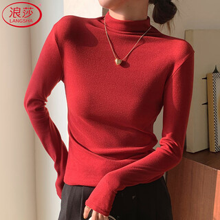 Langsha ankora red bottoming shirt for women new half turtleneck slim fit top with qiji red brushed warm top