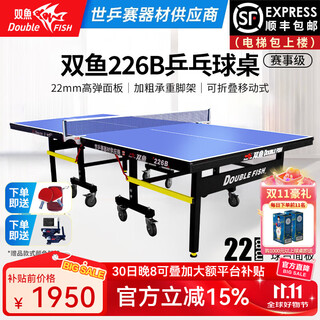 双鱼（DOUBLE FISH） 乒乓球桌室内可折叠移动式乒乓球台家用训练比赛标准乒乓球案子 226B-蓝面22MM