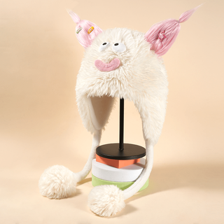 Autumn and winter cute little monster furry hat, fashionable and versatile for women, plush, white, warm, plus velvet, large head circumference, warm rice a collection + purchase = ++ priority delivery