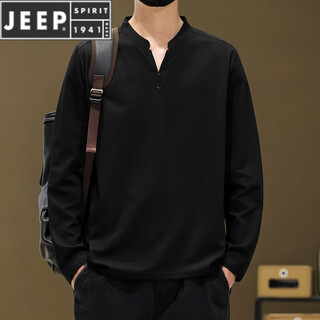 Jeep spirit henry collar long-sleeved t-shirt for men 2025 new solid color retro simple bottoming shirt autumn loose v-neck sweatshirt black 99539 long sleeve 4xl