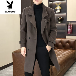 Playboy (playboy) woolen coat men's autumn and winter korean style slim-fitting mid-length woolen windbreaker style double-breasted coat brown m 90-115