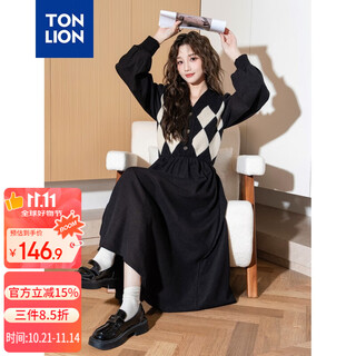 Tonlion 2024 black v-neck splicing plaid dress for women retro knitted plaid skirt temperament long skirt black s