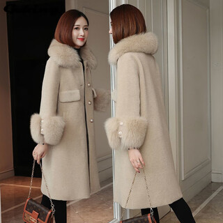 Gu bing imitation fur coat for women imitation sheep sheared coat grain imitation wool imitation fur one-piece mid-length imitation fox fur collar beige m 100-110jin jin is equal to 0.5 kg