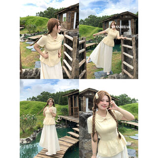 Anne's not hot confession souvenir academic icy doll collar shirt for women slightly fat large size waist short sleeve top yellow m m