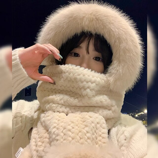 Memaru solid color plush hat, scarf and gloves all-in-one women's autumn and winter all-match thickened and warm cycling protection ear protection hooded beige