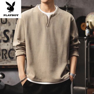 Playboy (playboy) fake two-piece long-sleeved t-shirt men's trendy brand v-neck top american retro waffle henley shirt base sweatshirt apricot heavy 400g m 100120jin jin equals 0.5 kg