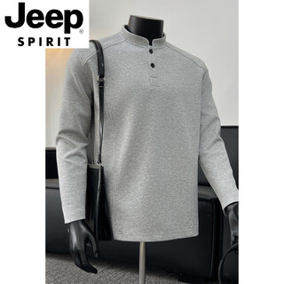 Jeep spirit gray henley collar long-sleeved polo shirt men's american deconstructed splicing right shoulder t-shirt boxy version inner sweatshirt light gray long-sleeved l