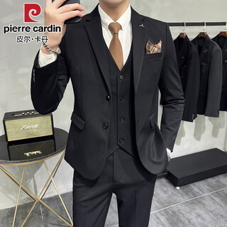Pierre cardin business casual single-breasted suit suit groom korean style men's slim double slit small suit lapel collar formal suit black suit + trousers + vest free black tie xl