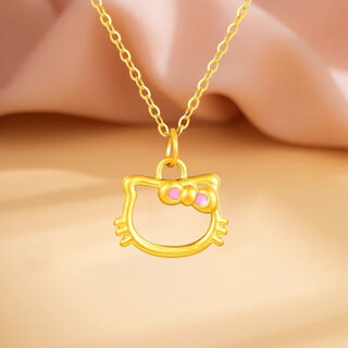 Chow tai fook pure gold 999 kitty hollow cat gold pendant hellokitty bow clavicle necklace chinese valentine's day gift kitty cat paint pendant + s925 gold necklace