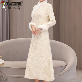 Woodpecker plus velvet thin new chinese style cheongsam autumn and winter new elegant mother's daily mid-length improved cheongsam dress apricot m recommended 80-95jin jin equals 0.5 kg