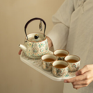 Dunhuang gold and silver staggered beam teapot small set, ceramic one pot, four plates kung fu tea set, household teapot with absorbent tray dunhuang gold and silver staggered beam teapot small set