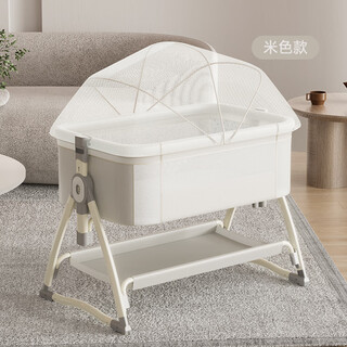 Lookbaby crib foldable removable splicing bed multi-functional crib splicing large bed with changing table soothing device beige + mosquito net + storage basket + mattress + sliding wheel