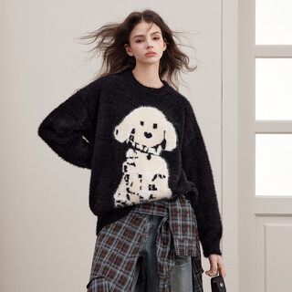 Unifree 25th autumn style lazy style contrast color dog pattern vibrant age-reducing loose pullover sweater black one size
