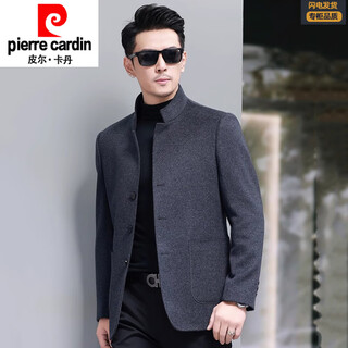 Pierre cardin high-end mulberry silk chinese tunic suit men's chinese stand-up collar wool suit chinese wedding banquet woolen coat dad autumn and winter gray wool and mulberry silk fabric m 170
